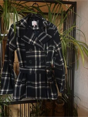 BONGO Black & White Plaid Double-Breasted Peacoat with Belt
